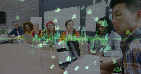 Image of data processing and network of connections over diverse business people in office. Global...