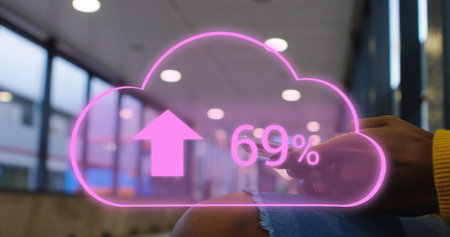 Image of cloud with arrows and percent going up over caucasian woman using smartphone. global cloud...