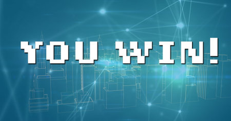 Image of you win over metaverse city and green background. image game, communication and entertainment concept digitally generated image.の写真素材