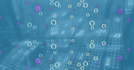 Image of connected icons forming globe over binary codes and glass window in office. Digital composite, multiple exposure, globalization, communication, coding and technology concept.の写真素材
