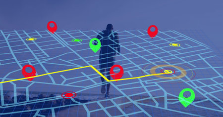 Navigator pin over navigation map line scheme against african american fit man running at the beach....