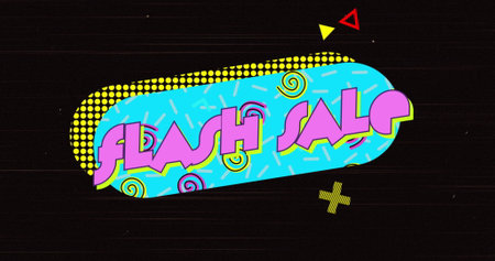 Image of flash sale text on retro speech bubble with abstract shapes. Sales, retail and communication concept digitally generated image.の写真素材