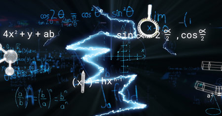 Image of icons over mathematical equations and lightning on black background. Science, computing and...