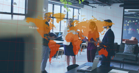 Image of businessman handshake over cityscape. Global business digital interface technology and...