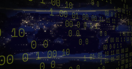 Image of data processing over world map on black background. Global technology, computing and...