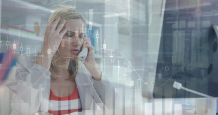 Image of network of connections over business woman in office. Global business connections digital interface and technology concept digitally generated image.の写真素材
