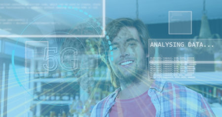 Image of 5g text over text, globes and loading circles over caucasian man talking on cellphone. Digital composite, multiple exposure, globalization, telecommunication and technology concept.の写真素材