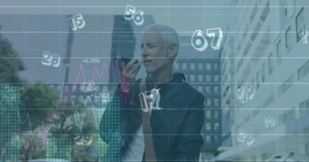 Image of numbers and data processing over caucasian man using smartphone. Global connections, computing, digital interface and data processing concept digitally generated image.の写真素材
