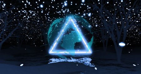 Glowing triangle outline over globe and path lit by lights in tress at night. Global communication,...