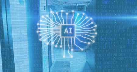 Image of binary codes over ai text in chip against server room in background. Digital composite, multiple exposure, coding, artificial intelligence, networking, technology and network server.の写真素材