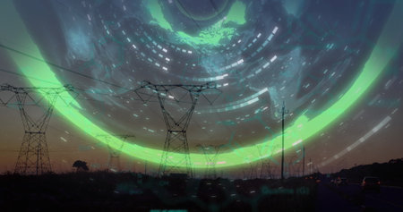 Image of data processing and world map over electricity pylons. Global technology, computing and digital interface concept digitally generated image.の写真素材