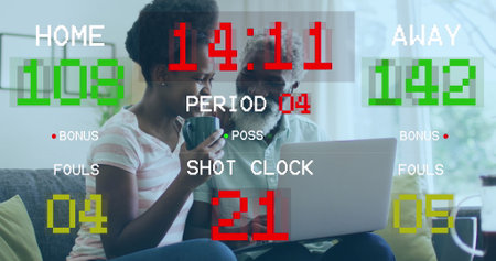 Image of data processing over african american couple using laptop. Global business and digital...