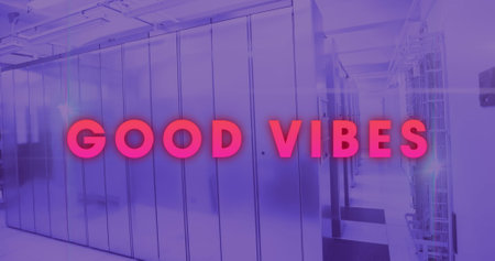 Image of good vibes over violet server room. Communication, global network and technology concept digitally generated image.の写真素材