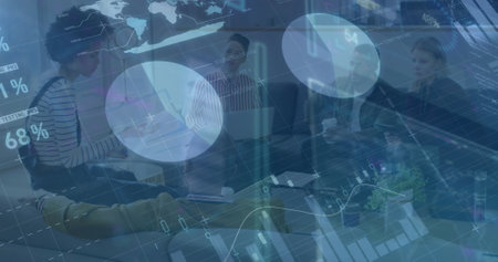 Image of data processing over diverse business people having meeting at office. Global business,...