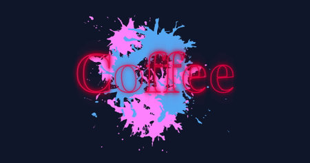 Image of neon red coffee text banner over colorful paint stains against black background....