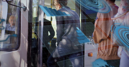 Image of scope scanning and data processing over diverse people in bus. Global business, data processing and digital interface concept digitally generated image.の写真素材
