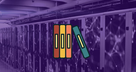 Image of connections and books over violet server room. Communication, global network and technology...