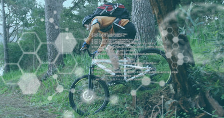 Composition of binary coding over landscape. Sport fitness and active lifestyle concept digitally...