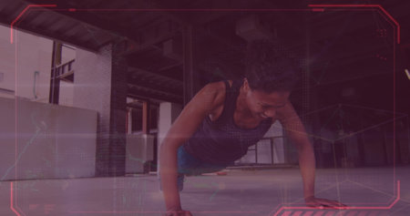 Image of network of connections over biracial woman doing push ups. Global sport and digital interface concept digitally generated image.の写真素材