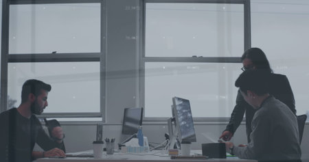 Image of financial data processing over businesswoman in office. Global business digital interface technology and networking concept digitally generated image.の写真素材