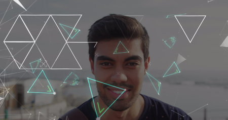 Image of network of connections over businesswoman wearing phone headset. Global digital interface technology and networking concept digitally generated image.の写真素材