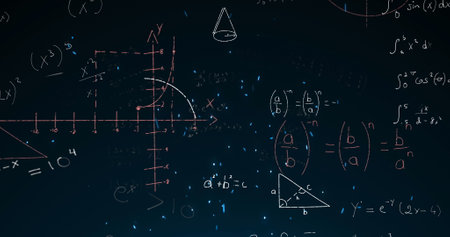 Image of mathematical equations on black background. Education, learning and digital interface concept digitally generated image.の写真素材