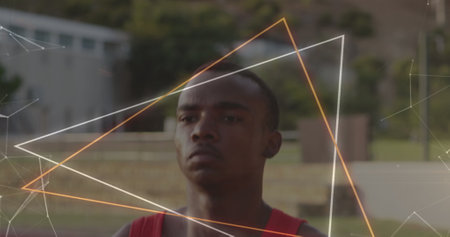 Image of network of connections and triangle over african american sportsman. Global business and...