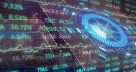 Image of financial data and graphs over cityscape.