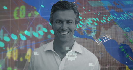 Image of portrait of smiling caucasian man over moving trading board, graph and numbers. Digital composite, multiple exposure, report, finance, global, stock market and business concept.の写真素材