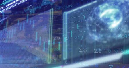 Image of data processing over cityscape. Global business and digital interface concept digitally...