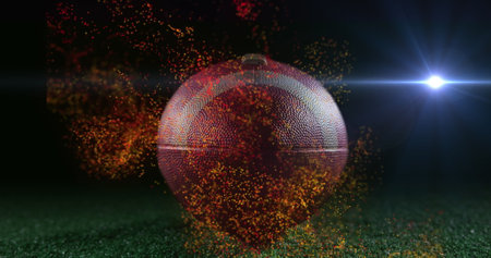 Image of moving lens flare and abstract pattern over rugby ball on green ground. Digital composite,...
