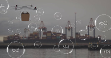 Image of 6g and drone with box over cargo ship. Global delivery, shipping and digital interface concept digitally generated image.の写真素材