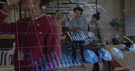 Image of financial data processing over diverse business people in office. Global finance, business, connections, computing and data processing concept digitally generated image.の写真素材