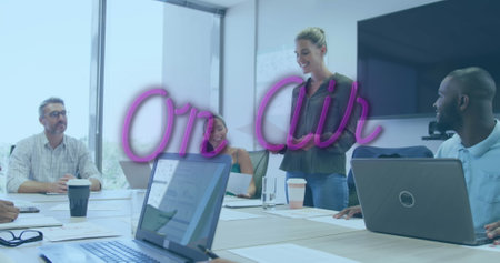 Image of on air text over diverse business people in office. Global business and digital interface...