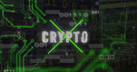 Image of crypto text over motherboard and data processing. Global online cyber security, computing...