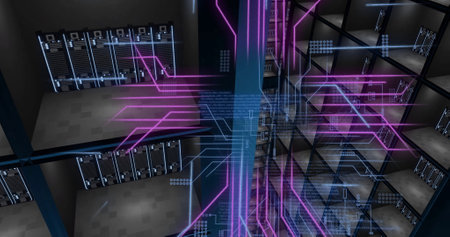 Image of circuit board and digital data processing over computer servers. Global connections,...