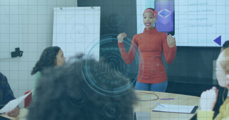 Image of cyber security data processing over african american woman giving a presentation. Cyber...