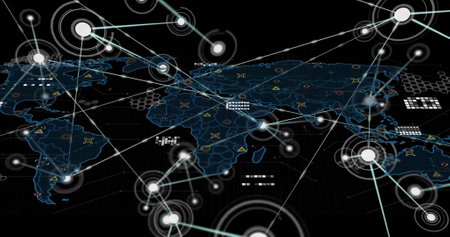 Image of network of connections with spots over world map. Global connections, computing and data...
