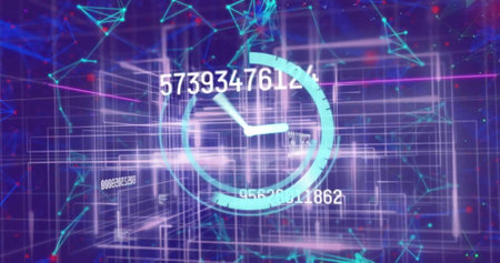Image of clock ticking and data processing over glowing light trails. Global connections, computing and data processing concept digitally generated image.の写真素材