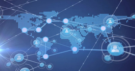 Image of network of connections with spots over world map. Global connections, computing and data...