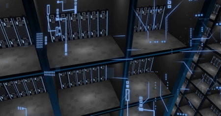 Image of circuit board and digital data processing over computer servers. Global connections,...