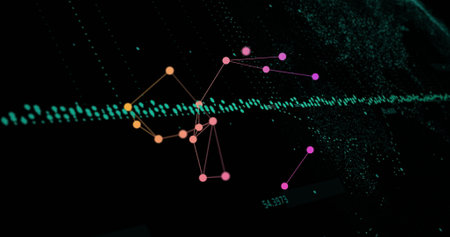 Image of data processing and network of connections over black background. Global connections, computing and data processing concept digitally generated image.の写真素材