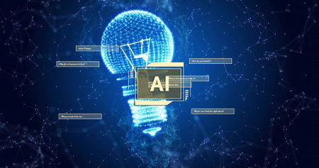 Image of ai interface with dialogue boxes and light bulb over networks on dark background. Network,...
