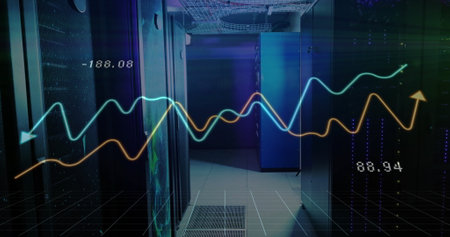 Image of financial data processing over server room. Global technology, computing, finances and...