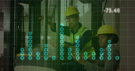 Image of financial data processing over diverse workers in warehouse. Global delivery, shipping, finances and digital interface concept digitally generated image.の写真素材