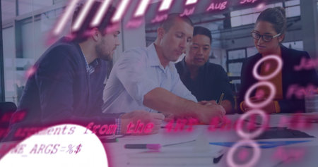 Image of financial data processing over diverse business people in office. Global finance, business,...