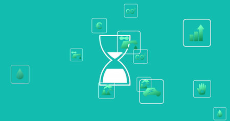 Hourglass icon with environmental symbols image over green background. Sustainability, conservation,...