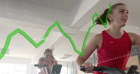 Green financial graph image over people exercising on stationary bikes in gym. Fitness, exercise, growth, economy, data, technologyの写真素材