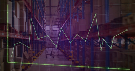 Image of financial data processing over in warehouse. Global delivery, shipping, finances and...