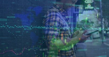 Image of financial data processing over caucasian man using smartphone in city. Global finance,...